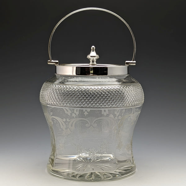 British vintage cut glass biscuit barrel silver plate lid 823g